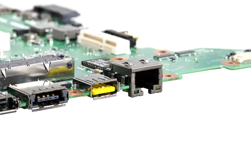 Close-up of ports on the motherboard