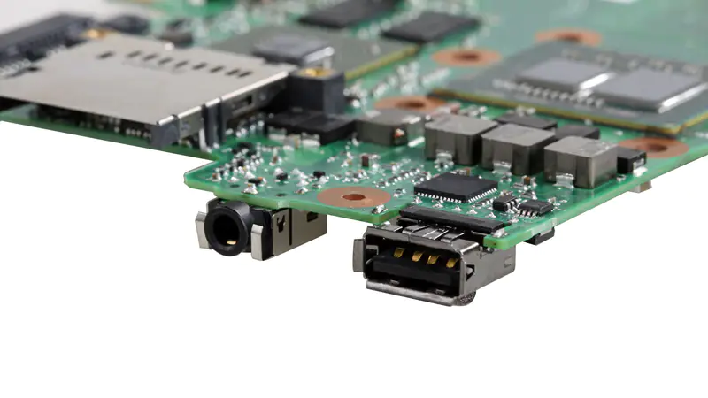 Close-up of ports on the motherboard