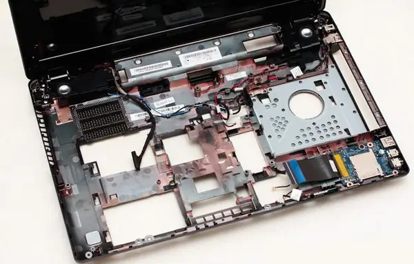 Close-up of the bottom cover after removing the motherboard