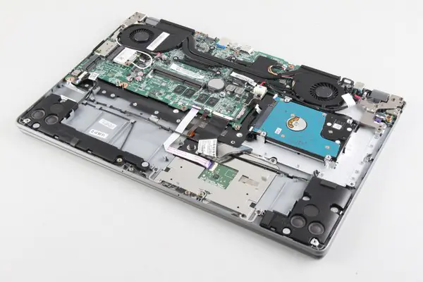 Close-up of the inside of the laptop after removing the battery