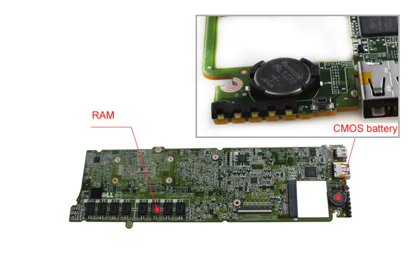 Close-up of memory and CMOS battery