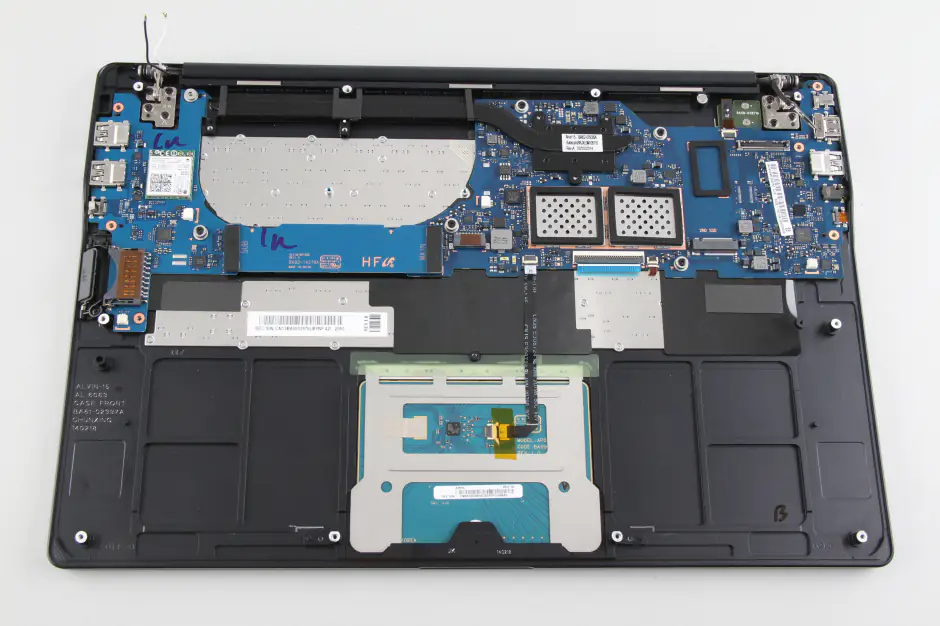 Close-up of the laptop after removing the battery, fan, and speaker