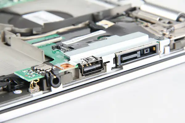 Close-up of the ports on the motherboard