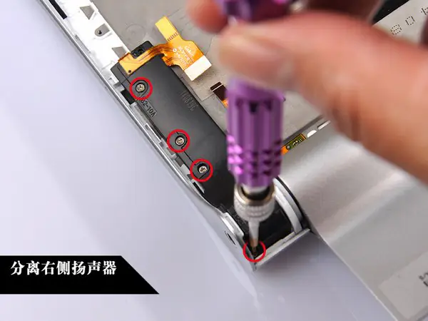 Remove the four screws securing the right speaker