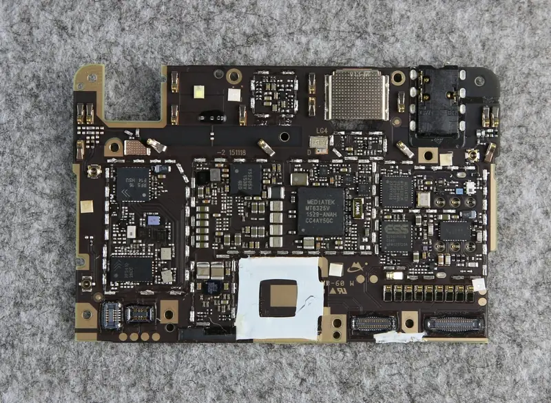 Close-up of the front of the motherboard after removing the metal shields