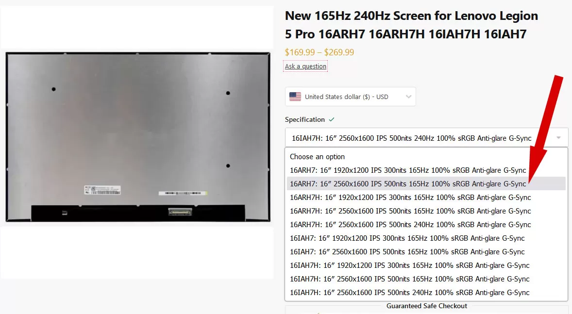 Screen for Lenovo Legion 5 Pro 16ARH7