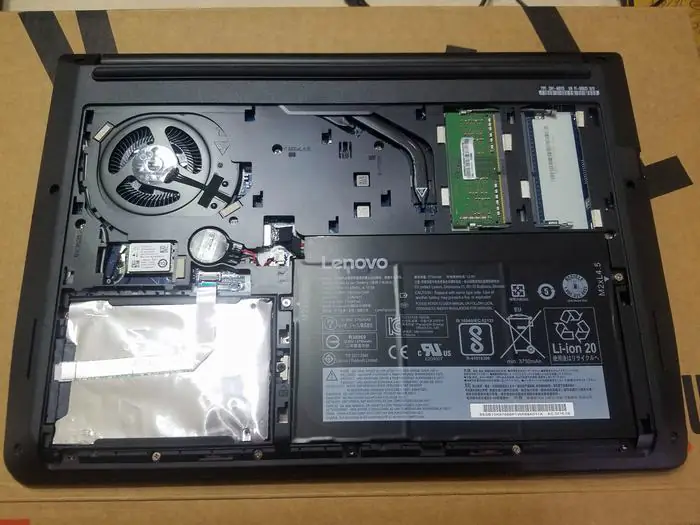 Close-up of the Lenovo ThinkPad E470 after removing the bottom cover