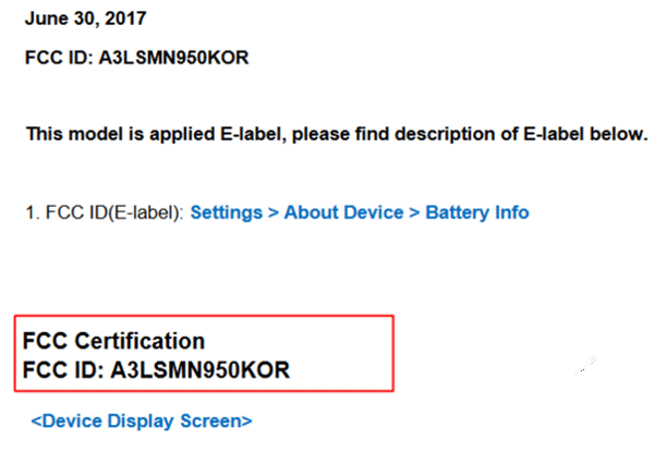 Korean Samsung Galaxy note8's fcc certificate