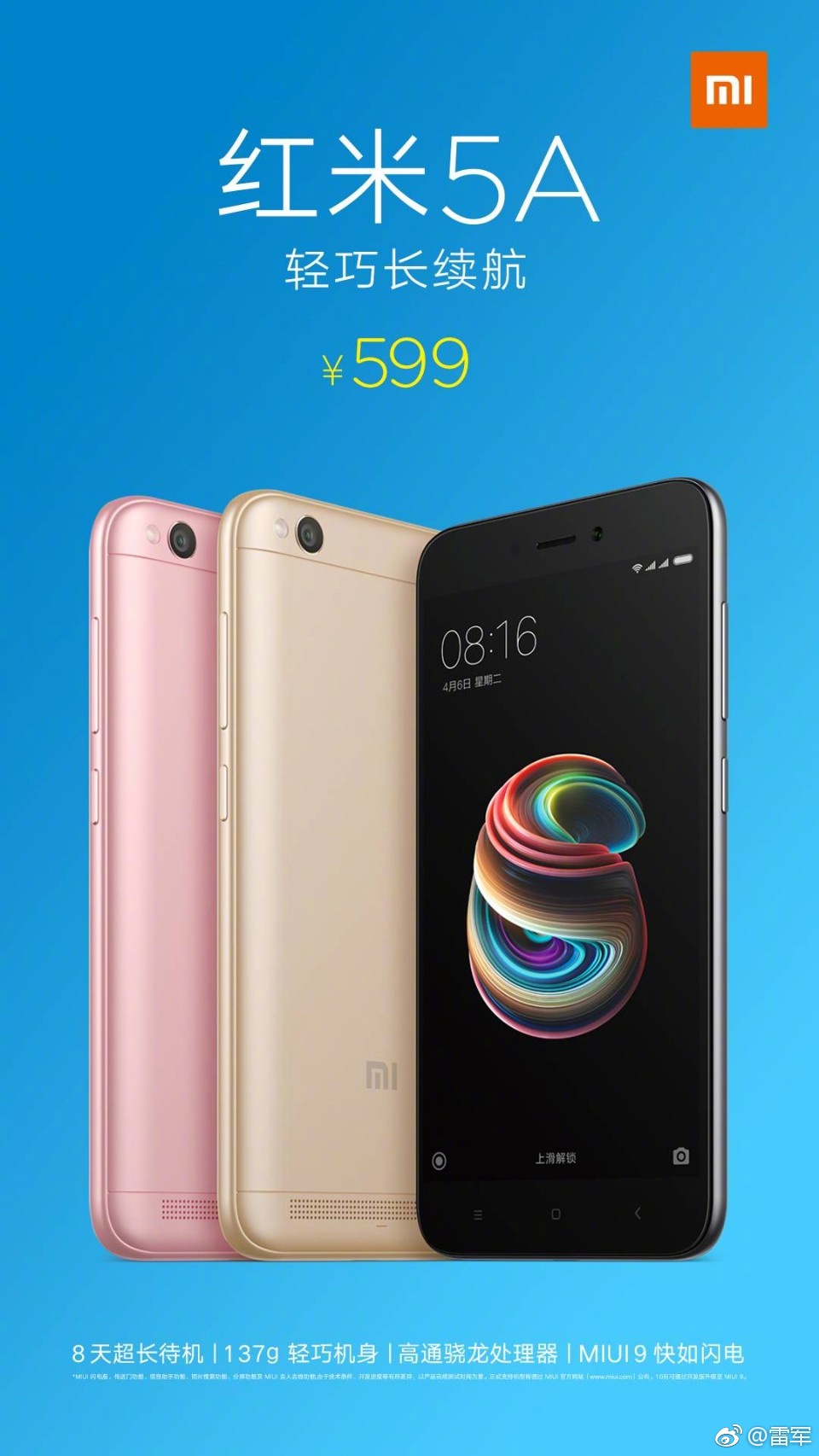 Xiaomi Redmi 5A officials: Snapdragon 425 and 13MP    rear