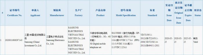 Samsung Galaxy Note20+ 3C certification