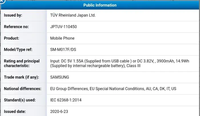 Samsung Galaxy M01s Certification