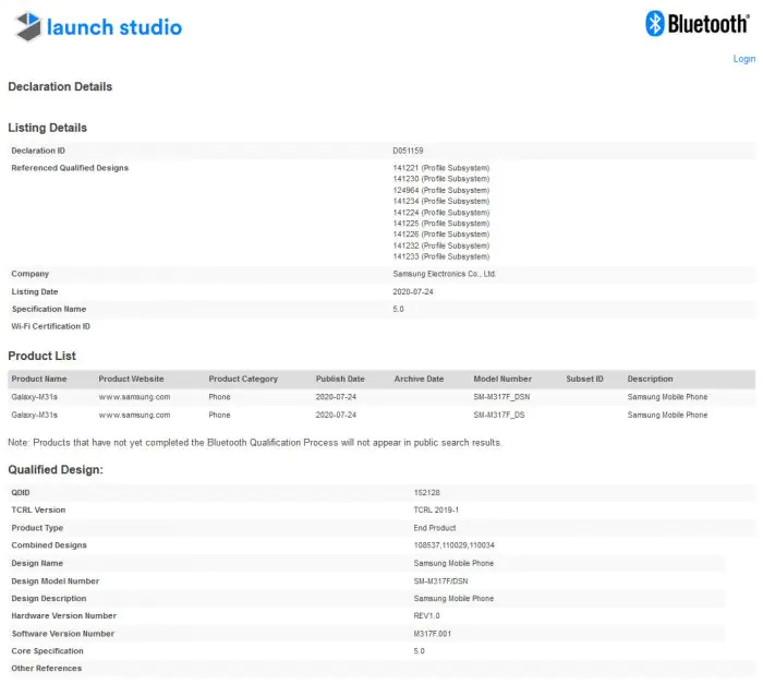 Samsung Galaxy M31s Bluetooth SIG certification