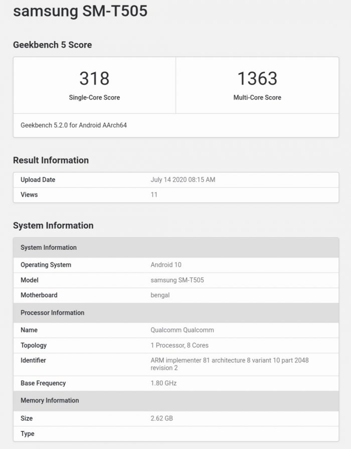 Galaxy Tab A7 Geekbench