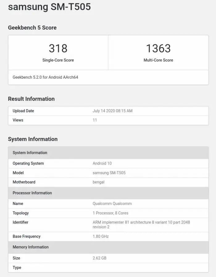 Samsung Galaxy Tab A7 Geekbench