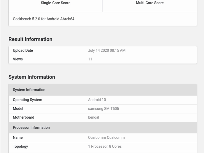 Samsung Galaxy Tab A7 (2020) Spotted On Geekbench Chipset