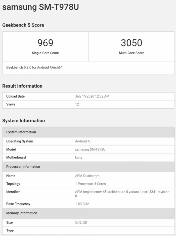 Samsung Galaxy Tab S7+ 5G Geekbench