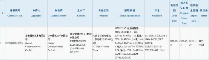 Xiaomi M2007J1SC 3C certification