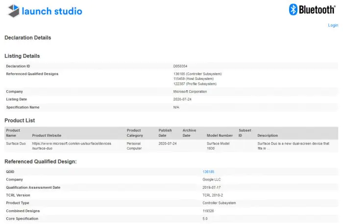 Microsoft Surface Duo Bluetooth SIG certification