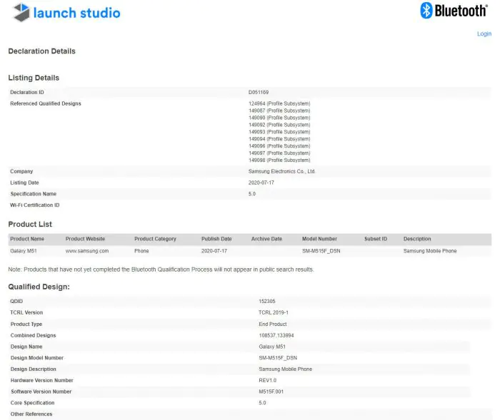Samsung m51 Bluetooth SIG certification