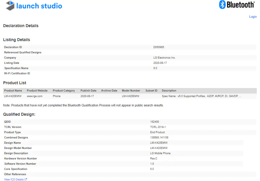 LG K42 Bluetooth SIG Certification