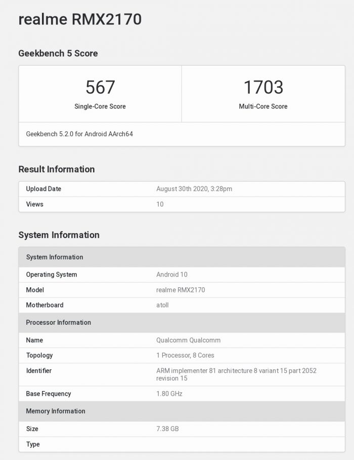 Realme 7 Pro Geekbench