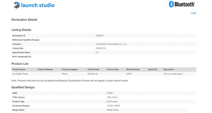 Vivo Y20 Bluetooth Certification