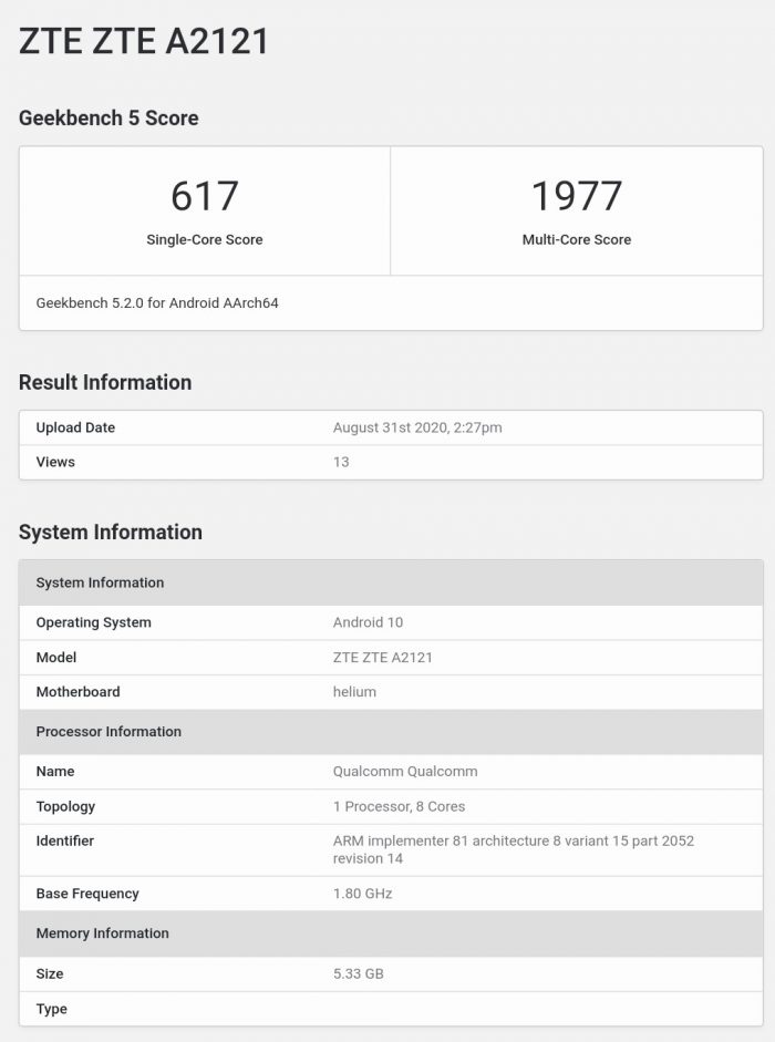 ZTE A20 5G Geekbench