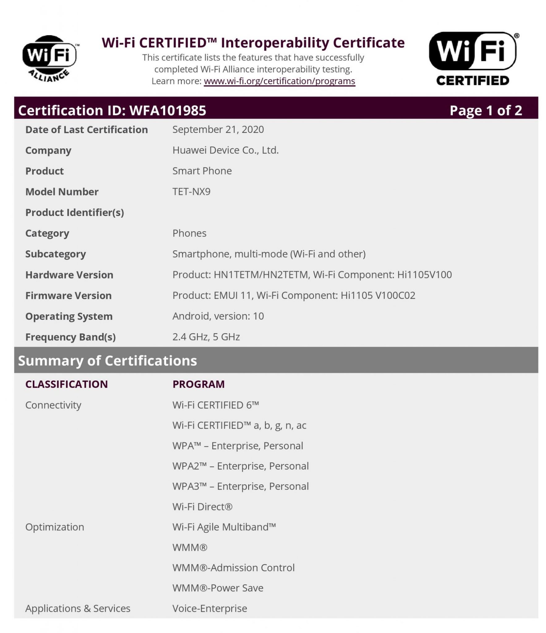 Huawei Mate X2 Spotted On WiFi Alliance Certification Hi1105 and WiFi 6