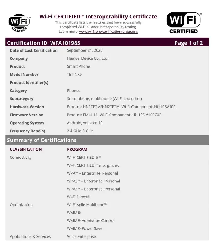 Huawei Mate X2 Wi-Fi Alliance certification
