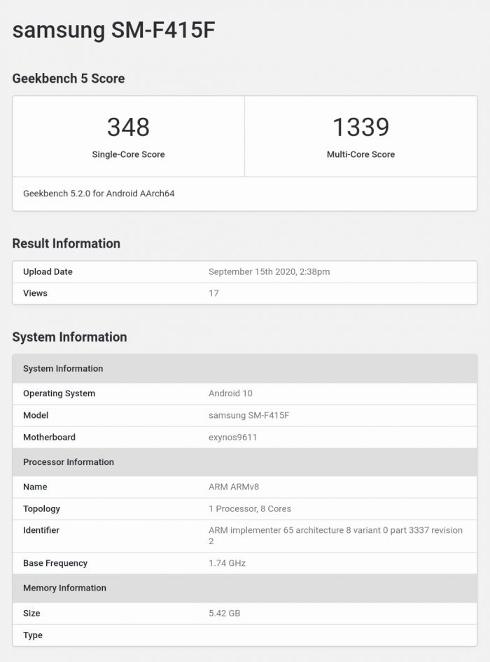 Galaxy F41 Geekbench