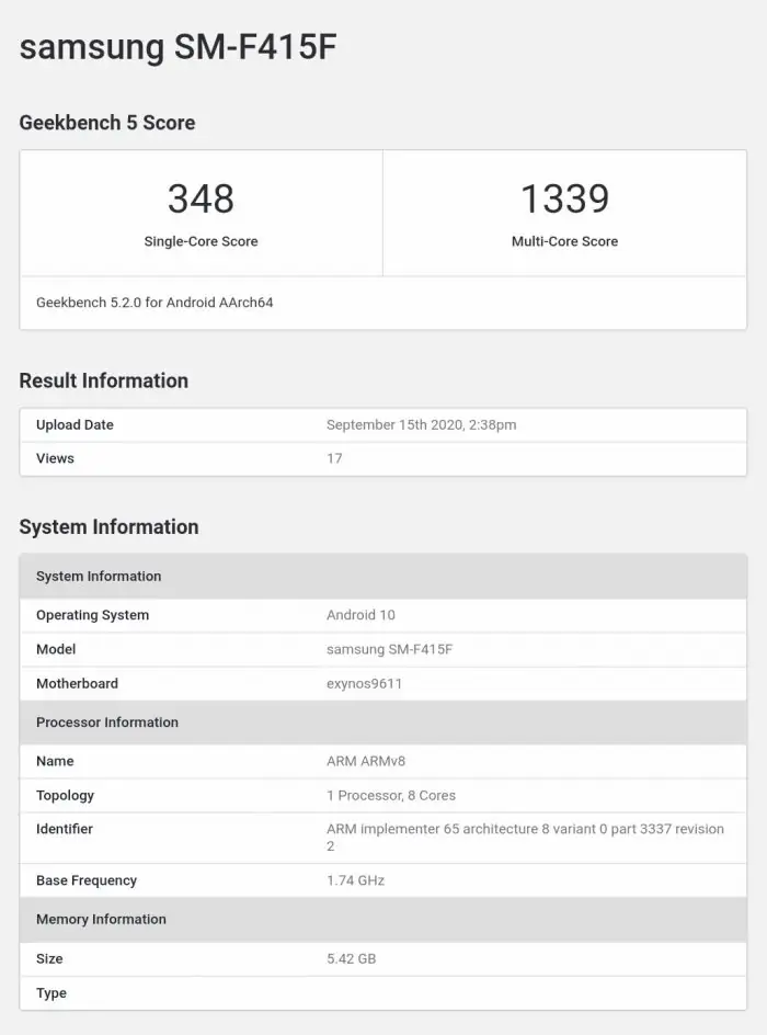 Galaxy F41 Geekbench benchmark