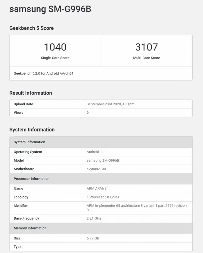 Galaxy S21+ Geekbench