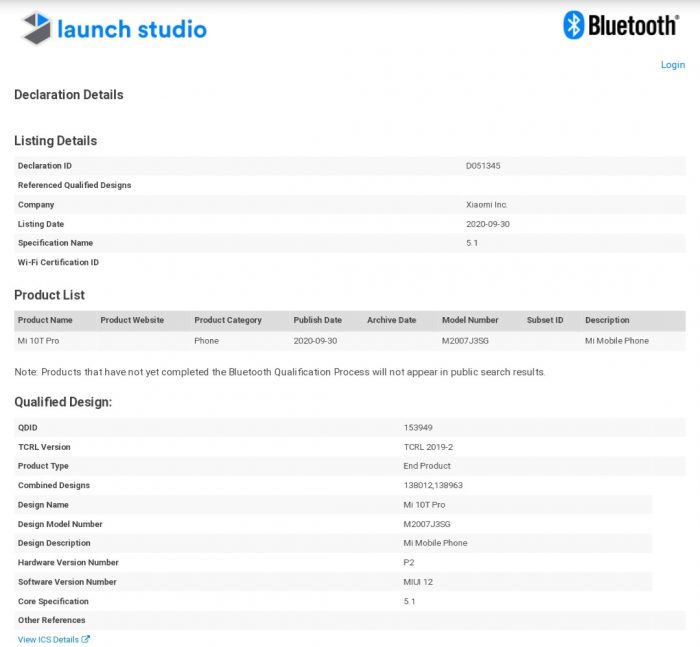Mi 10T Pro Bluetooth Certification