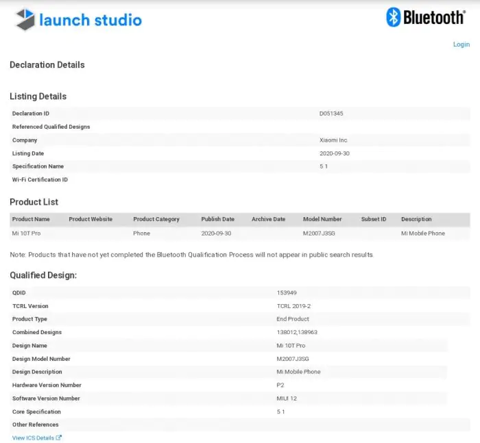 Xiaomi 10T Pro Bluetooth SIG certification