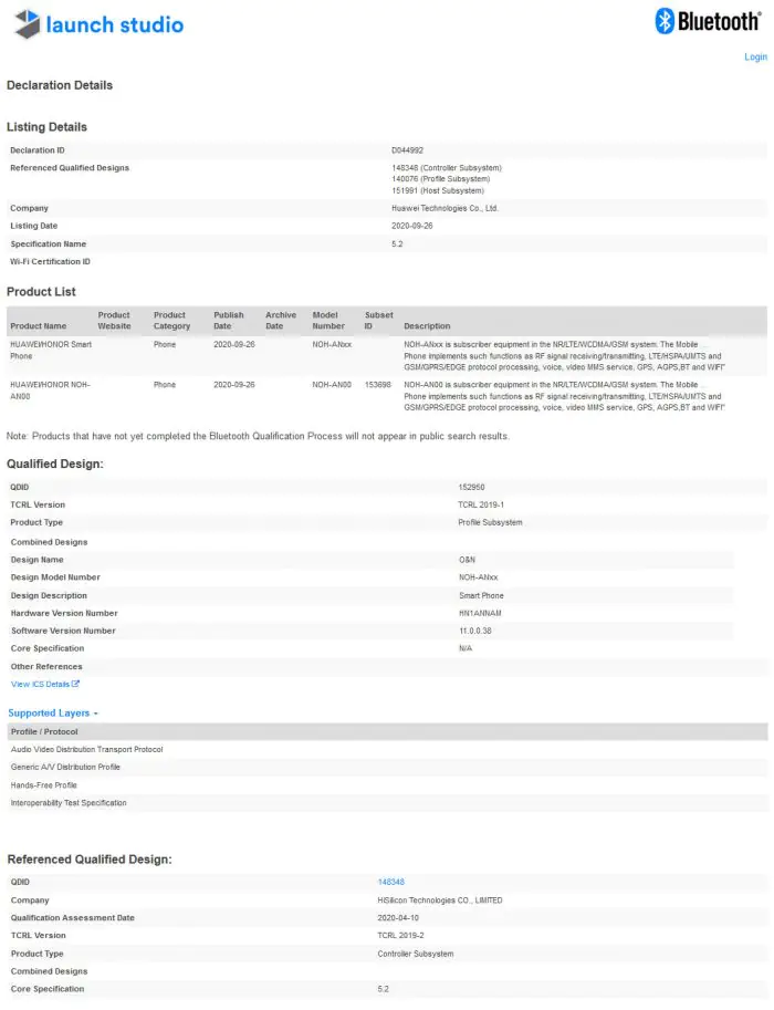 Huawei Mate 40 Bluetooth SIG certification
