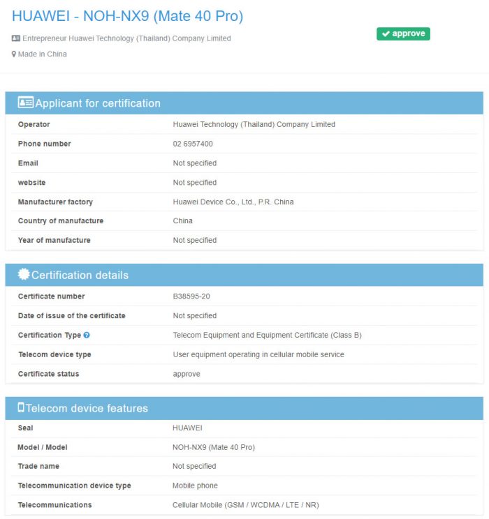 Huawei Mate 40 Pro Got NBTC Certification