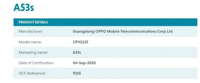 Oppo A53s GCF certification