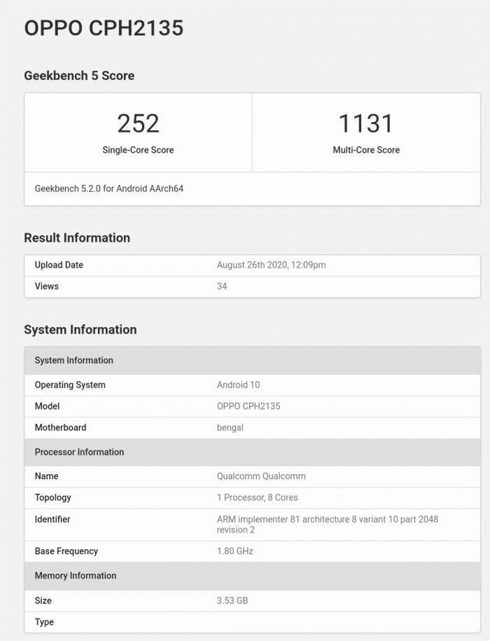 Oppo A53s Geekbench