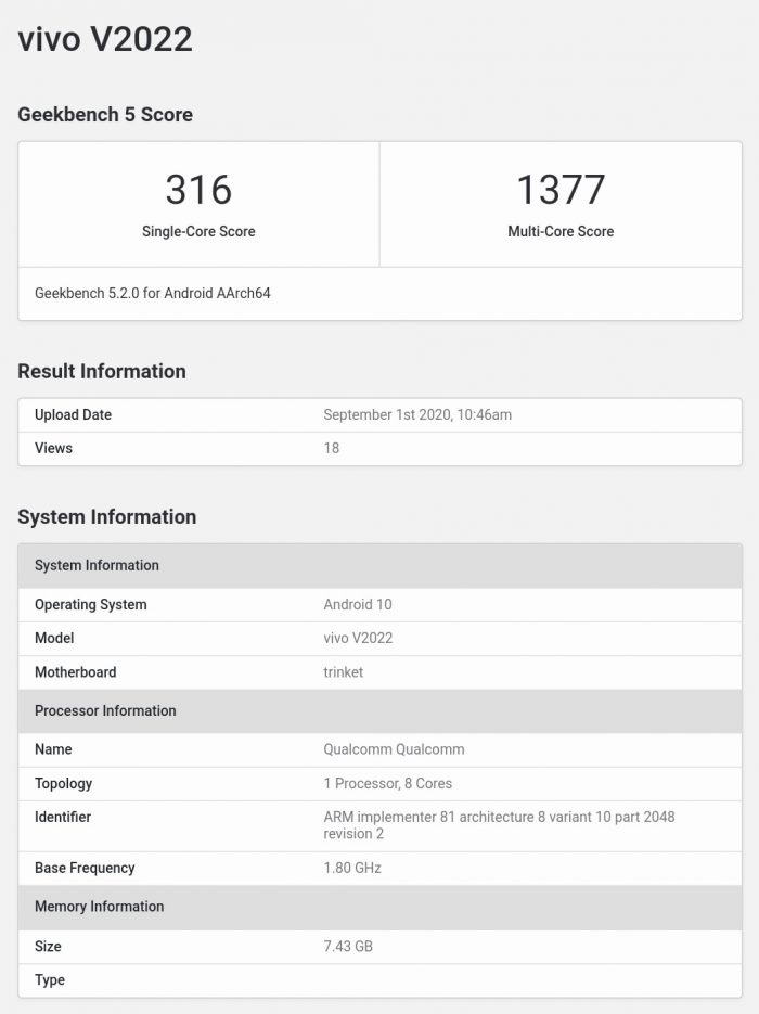 Vivo V20 SE Geekbench