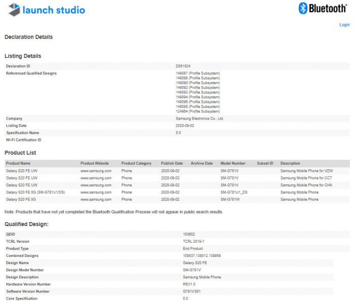 Samsung Galaxy S20 FE Spotted With Bluetooth 5.0 Got Bluetooth SIG Certification