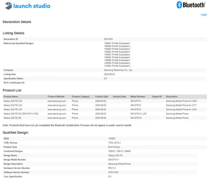 Samsung Galaxy S20 FE Bluetooth SIG certification