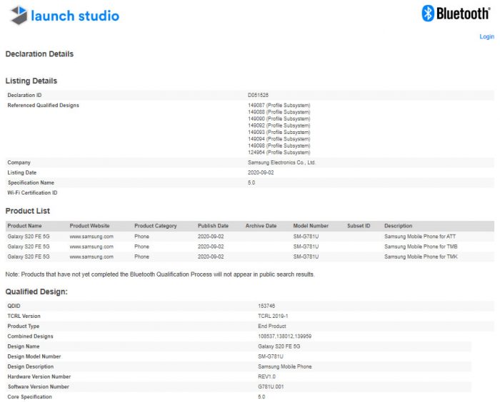 Samsung Galaxy S20 FE Spotted With Bluetooth 5.0 Got Bluetooth SIG Certification