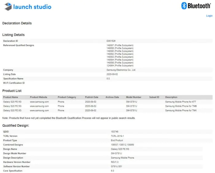 Samsung Galaxy S20 FE Bluetooth SIG certification