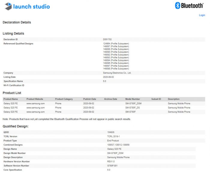 Samsung Galaxy S20 FE Spotted With Bluetooth 5.0 Got Bluetooth SIG Certification