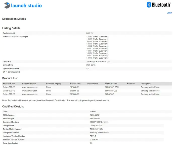 Samsung Galaxy S20 FE Bluetooth SIG certification