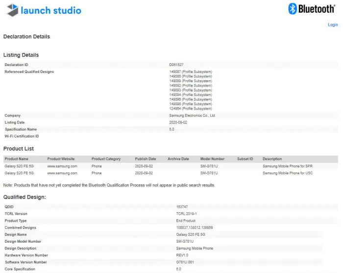 Samsung Galaxy S20 FE Bluetooth SIG certification
