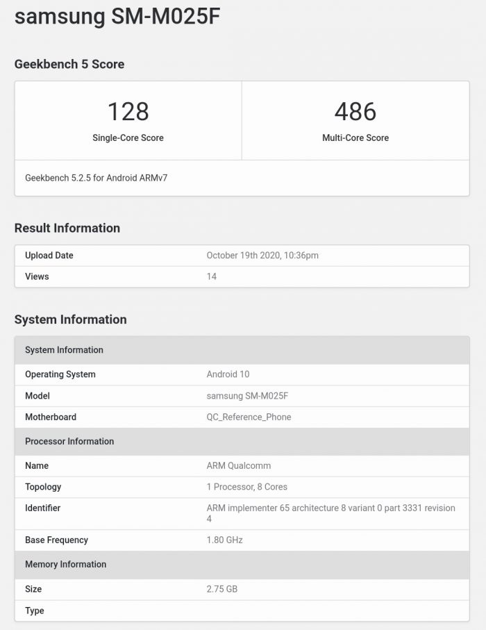 Galaxy M02 Geekbench