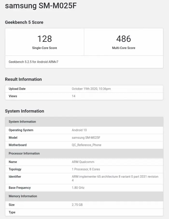 Galaxy M02 Geekbench benchmark
