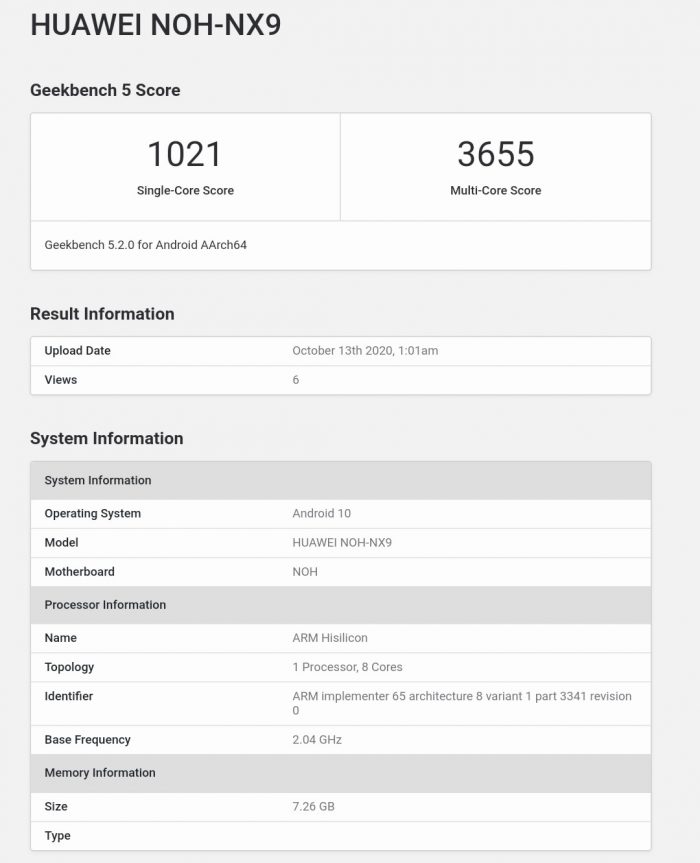 Mate40 Pro Geekbench