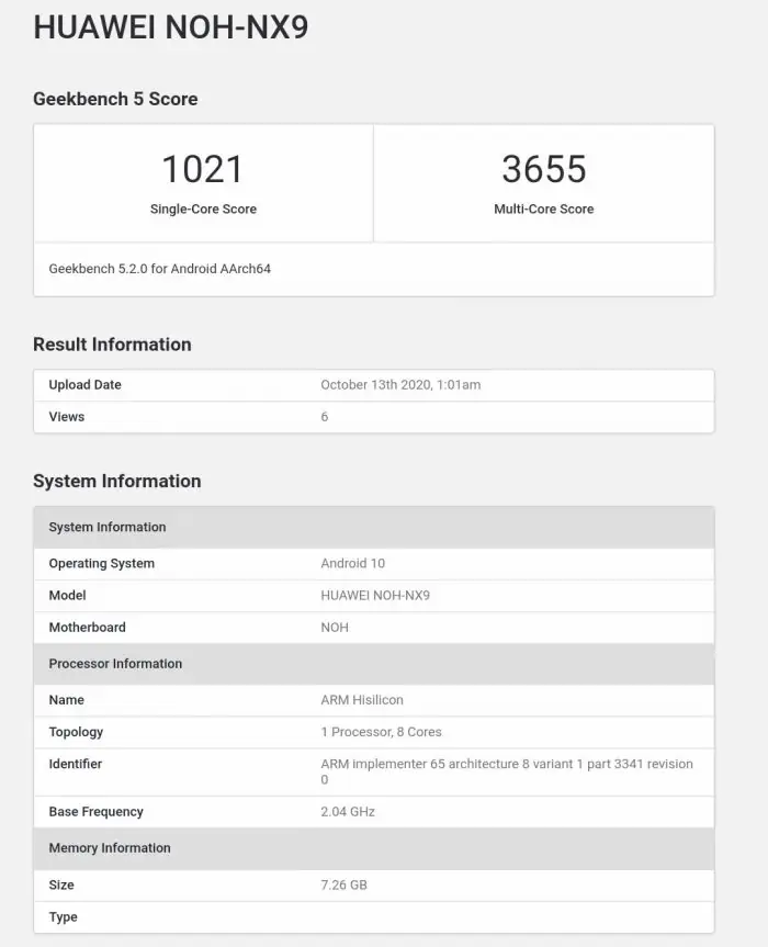 Huawei Mate 40 Pro Geekbench